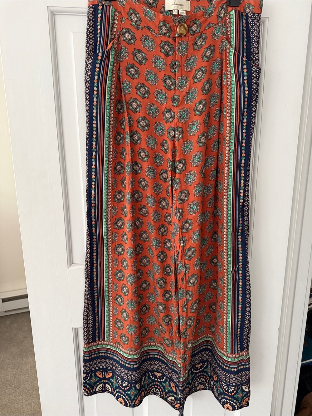 elevenses Coral Wide-Leg Bohemian Pants with Navy Trim